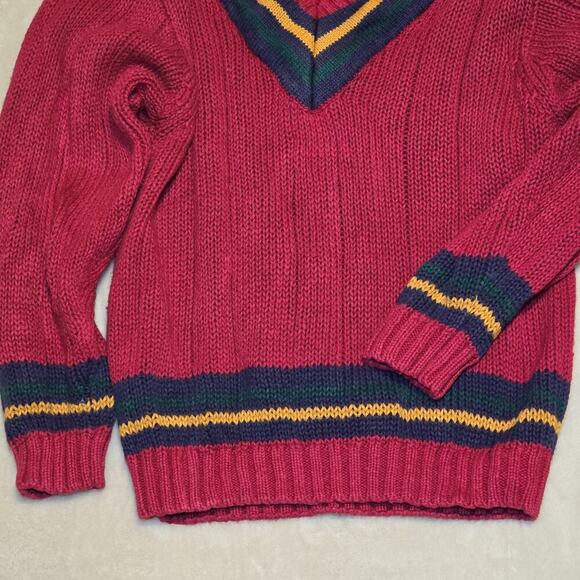 Vintage 90s Street Boys Sweater Medium V-Neck Varsity Stripe Knit Ramie Cotton - Picture 2 of 5